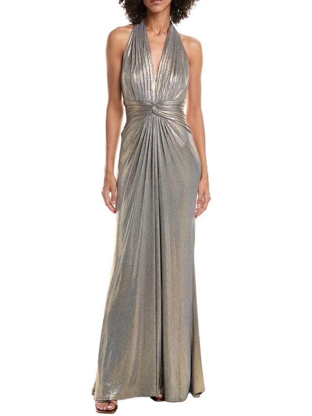 TADASHI SHOJI Metallic Plunge Halter Neck Gown